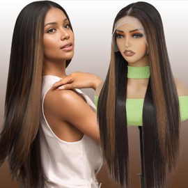 Synthetic Lace Front Wigs Pre Plucked 30 Inch Long Straight Skunk Stripe Brown with Black Synthetic Wigs for Black Women 13x4x1 HD Lace Middle Part Glueless Wig Ready to Wear