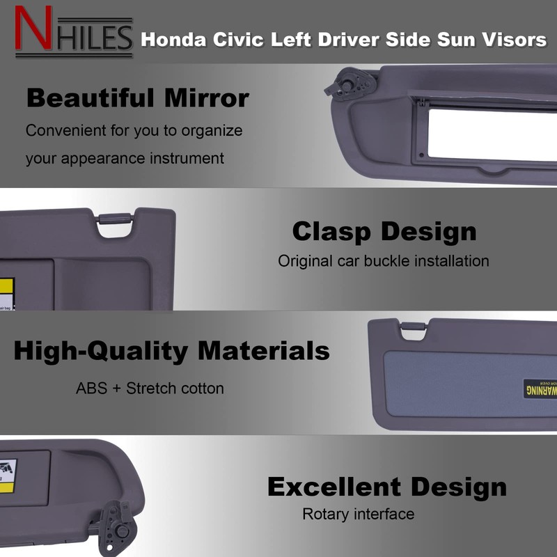 NHILES Atlas Gray Left Side Sun Visor Compatible with Honda