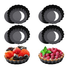 Pack of 6 Tart Moulds with Lifting Base, Non-Stick Coating Quiche Mould, Small, 10 cm / 4 Inch X8 Round Pie Mould, Tartelette Moulds Made of Carbon Steel, Highkit (10 cm x 6)