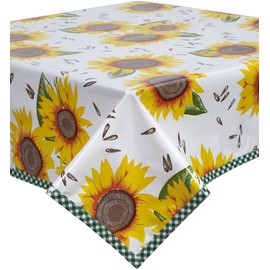 Sunflower Oilcloth Tablecloth with Green Gingham Trim You Pick The Size