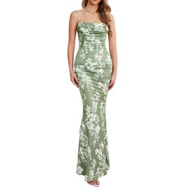 EYNMIN Women's Floral Corset Maxi Dress Sleeveless Bodycon Spaghetti Strap Ruched Elegant Wedding Guest Long Formal Dresses Green Print XL