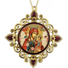 Virgin Mary Christ Icon Catholic Orthodox Christmas Ornament, Jeweled Frame with Faux Crystals, 4 Inch