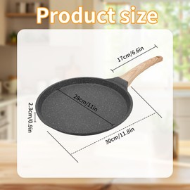 Eidoct Eidoct 28cm Non-Stick Crepe Pan, Large Egg Omelette Pan, Black Induction Pan, Die-cast Auluminium Pan with Marble Non-Stick Coating, Roti Maker, Flat Skillet, for Pancake, Steak, Fried Eggs, Crepe