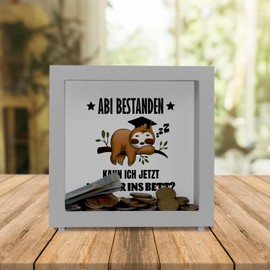 Abi Passed Sloth Frame Money Box Made of Wood with Saying Back to Bed Graduation Gift Abitur Sloth Style Lazy After Exam School Over TV Relax