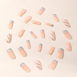 Christmas Bling French Tip Press on Nails Medium Square Fake Nails with Silver Glitter Strips Designs Snowflake False Nails Winter Xmas Glue on Nails Artificial Stick on Nails for Women Girls 24Pcs