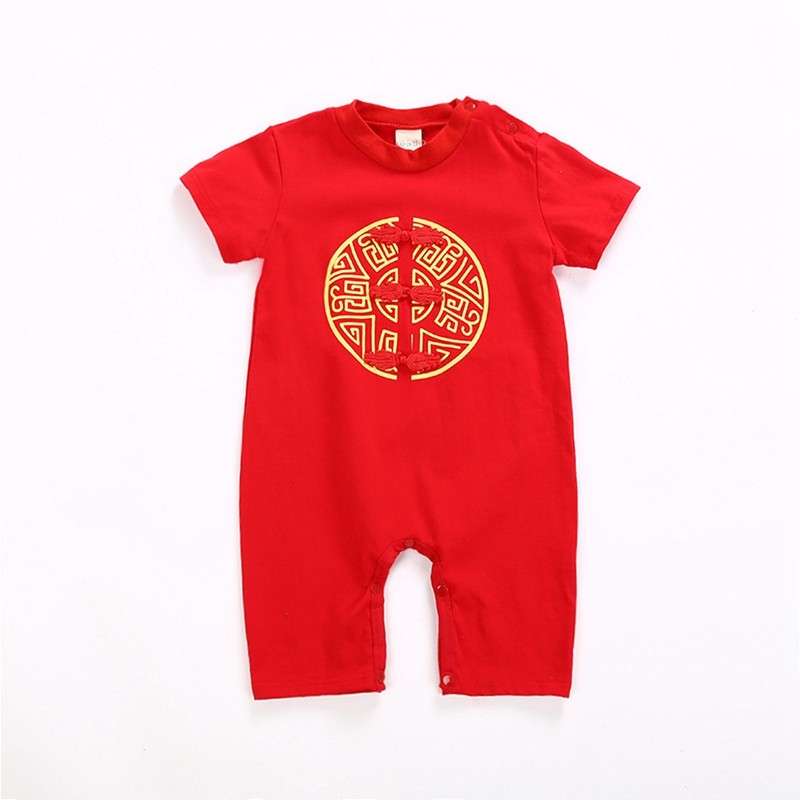 Chinese Style Infant Short Sleeve Embroidery Jumpsuit Cotton Breathable Baby