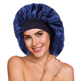 Silk Bonnet Satin Bonnet for Sleeping Women, Large Double Layer Hair Satin Bonnets with Elastic Band, Sleep Bonnets for Women Wide Soft Band Sleep Cap Curly Natural Hair (Navy Blue)