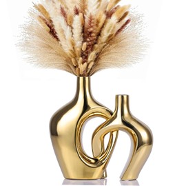 XIYOUQI Gold Vase for Decor, Gold Ceramic Vases Set of 2, Gold Round Vase for Flowers or Pampas Grass, Gold Vases for Centerpieces, Gold Ceramic Vase for Modern Home Decor, Bookshelf, Mantel Decor