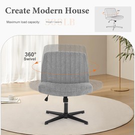 Sweetcrispy Sweetcrispy Criss Cross Chair Legged, Armless Office Wide Desk Chair No Wheels, Swivel Vanity Height Adjustable Fabric Modern Computer Task Seating for Home - Grey