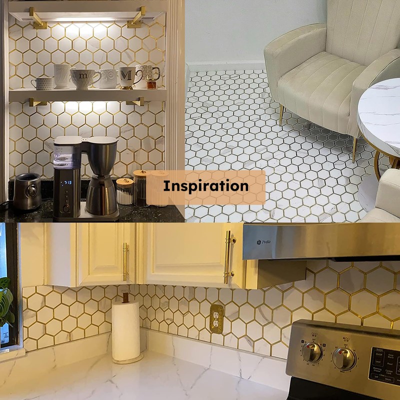 Diflart Peel and Stick Kitchen Backsplash Tiles Gold and White