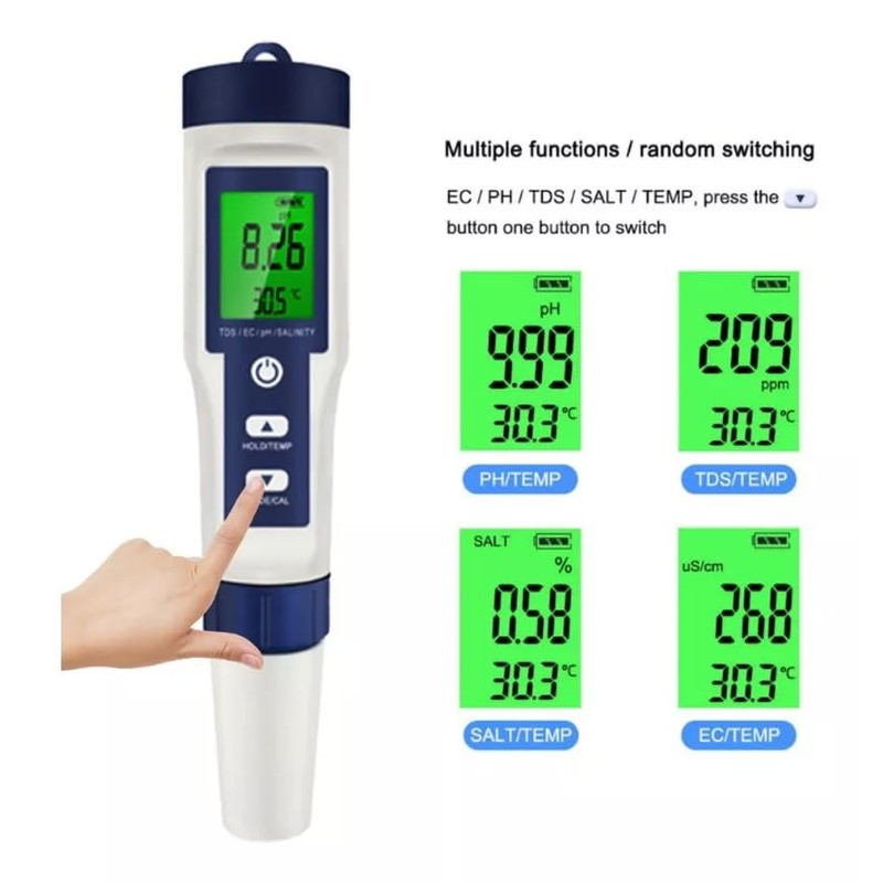 Comprobador Digital 5 En 1 (De Ph/ec/tds/temp./salinidad), Medidor de Calidad