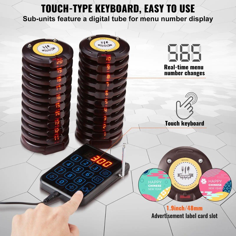 Wireless Restaurant Pager System 20 Beepers Battery Operated Black Plastic