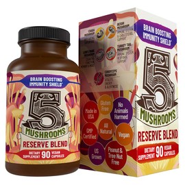 Hippie Farms 5 Mushrooms Reserve Blend Mushroom Supplement - Lions Mane, Turkey Tail, Reishi, Chaga, Cordyceps - Immune System, Brain, Cognition, Energy, Mood Support