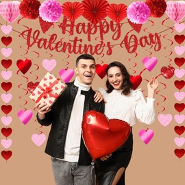Valentines Day Decorations, Valentines Day Party Supplies with Happy Valentine's Day Banner Heart Garland Hanging swirls and Red Pink Tissue Poms, for Home Office Wedding Anniversary