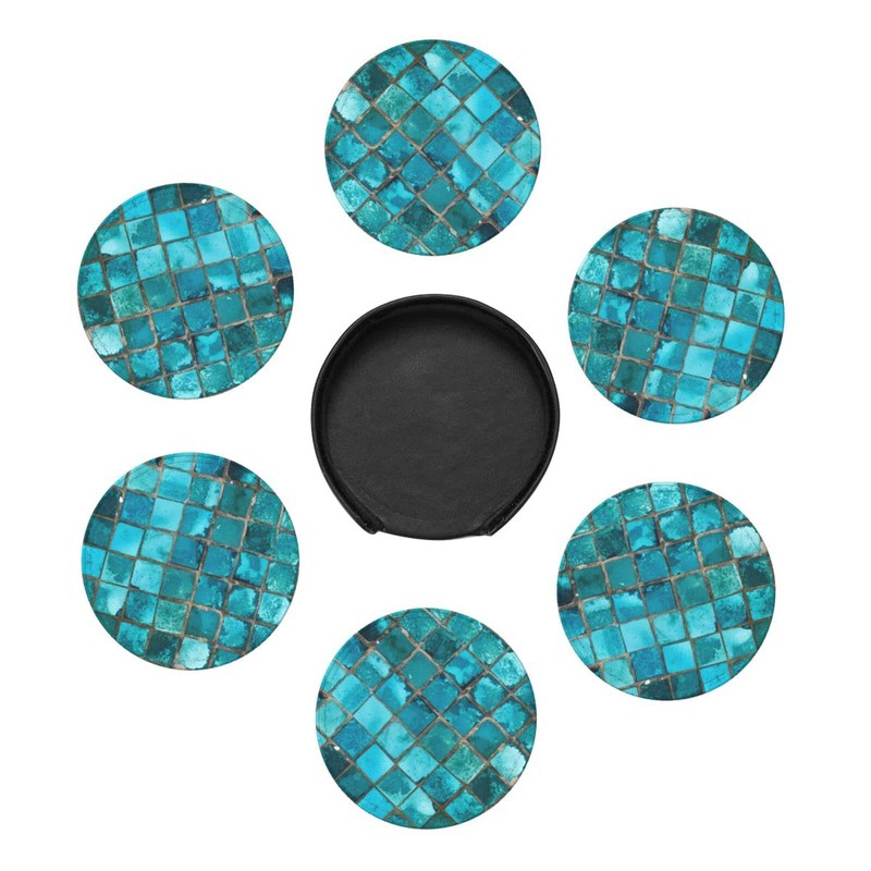 SEPTYK Turquoise Blue Pattern Coasters for Drinks with Holder Set