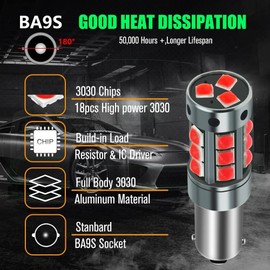 YEORO 2pcs AC/DC 9-36V H6W LED Bulbs White,600LM BAX9S 64132 38161 LED Car Ligh Bulbs Super Bright 3030 18-SMD Chips for Car Interior Dome Map License Plate Glove Box Light. (H6W/BAX9S, Red)