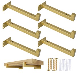 OVOV 6 Pack Gold Shelf Brackets 6 Inch Floating Shelf Bracket with Lip Industrial Shelving Brackets for Kitchen Bathroom Storage Wall Mounted Shelf Support with Screws