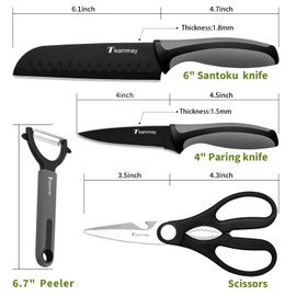 Teammay 4-Piece Kitchen Knife Set, Inclues Santoku Knife, Paring Knife, Multi-purpose Scissors and Peeler, German High Carbon Stainless Steel, Nonstick Coating, Perfect Gifts for Kitchen