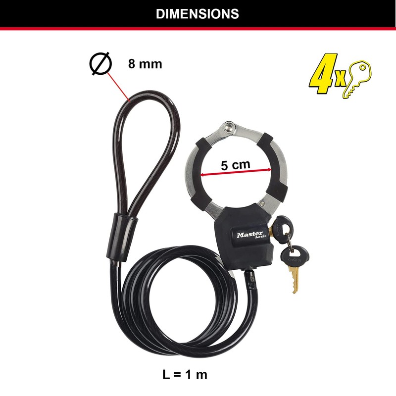 Master Lock Cable Lock with Key 1m Ideal for Scooter