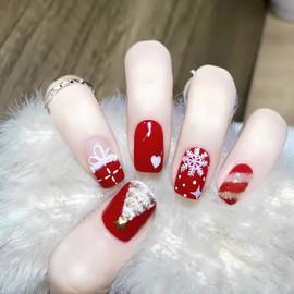 LPOODDNU Red Christmas Press on Nails Short Square Fake Nails with Christmas Tree Snowflake Heart Designs Glossy Christmas Glitter Stripe Glue on Nails Red Christmas Stick on Nails for Women Manicure