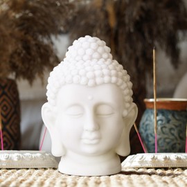 Relaxdays 2 x Buddha Head, Plastic, Buddha Figure, H x D: 17 x 12 x 10 cm, Zen Decoration for Living Room and Bathroom, Feng Shui Decoration, White