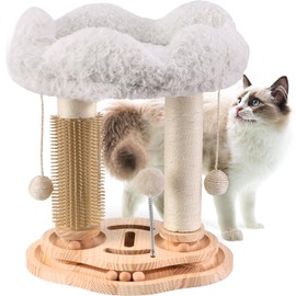COUNER Cat Tree for Indoor Kittens,Cat Scratching Post with Bed for Cats,Cat Self Groomer with 3-Tier Wood Base,Removable Bed,Groomer Brush,Natural Sisal,2*Dangling Balls,Interactive Ball Toys