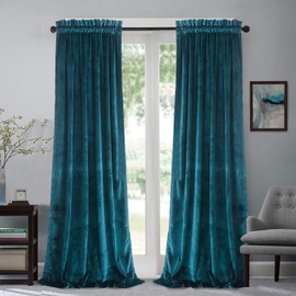 Roslynwood Velvet Peacock Blue Curtain 90 inch Length - Curtains Block Light Rod Pocket Thermal Insulated Window Drapes Set for Living Room/Bedroom/Dining Room,W52 x L90, 2 Panels