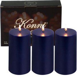 KONNI Navy Blue Pillar Candles Set of 3, 3"x 6" Unscented Pillar Candles Bulk, 56 Hours Long Burning Candles, Smokeless&Dripless Large Round Candle for Wedding, Home Decoration, Parties, Spas, Dinner