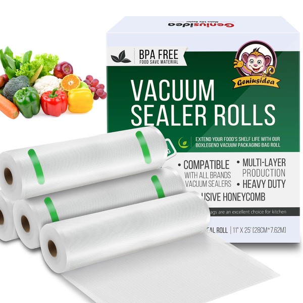 Vacuum Sealer Bags for Food Saver, 4 Pack 11" x 25'ft Commercial Grade Food Saver Vacuum Sealer Bags Rolls, Food Vac Storage & Seal, Meal Prep, Microwave & Freezer Safe, Sous Vide, Seal A Meal (100ft Total)