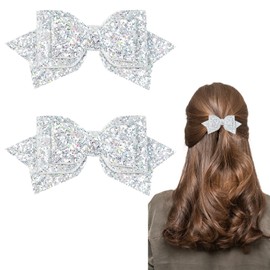 Maxqzin 2 Pcs 5 Inch Bow Hair Clips, Bow Clips Sparkling Cute Silver White Cheer Bows for Girls Teens Birthday New Year Wedding Party Dress Outfit Decor Accessories