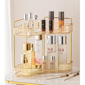 COMODID Corner Bathroom Counter Organizer Bathroom Countertop Shelf Makeup Organizer for Vanity Perfume Tray for Corner Storage (2 Tiers, Gold)