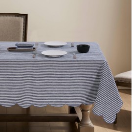 AORISSI 100% French Flax Linen Tablecloths Scalloped Embroidery Rectangle 84Lx60W Inch for Dinners, Parties, Spring, Machine Washable, 6-8 Sets, Blue Stripe(Edges-Blue)