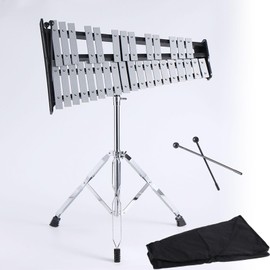 ATQIK 32 Note Aluminum Glockenspiel Bell Kit Xylophone Adult With Adjustable Stand Full Size Professional Percussion Glockenspiel Instrument With Wooden Mallets,Carrying Bag For Adults/Green