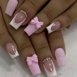 24 Pcs Pink Bow Press on Nails Medium Square Shaped False Nails with Glitter Design White French Tip Fake Nails Sparkly Rhinestones Acrylic Nails Fully Cover Stick on Nails for Women DIY Manicure