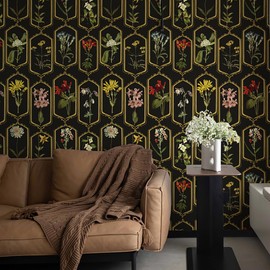 FLUGGER Floral Peel and Stick Wallpaper Floral Specimen Self Adhesive Removable Wallpaper Wall Stickers for Home Bedroom Cabinets Thicken 17.3" x 236",Black