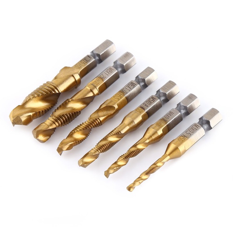 Yosoo 6Pcs Drill Tap Combination Coated HSS 1/4inch Hex Shank