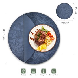 Round Placemats and Coasters Set of 4, Floral Leather Table Place Mats 34cm Dual Sided Placemats Non-Slip Heat Resistant Placemats Kitchen Coffee Table Mats Washable (Dark Blue)
