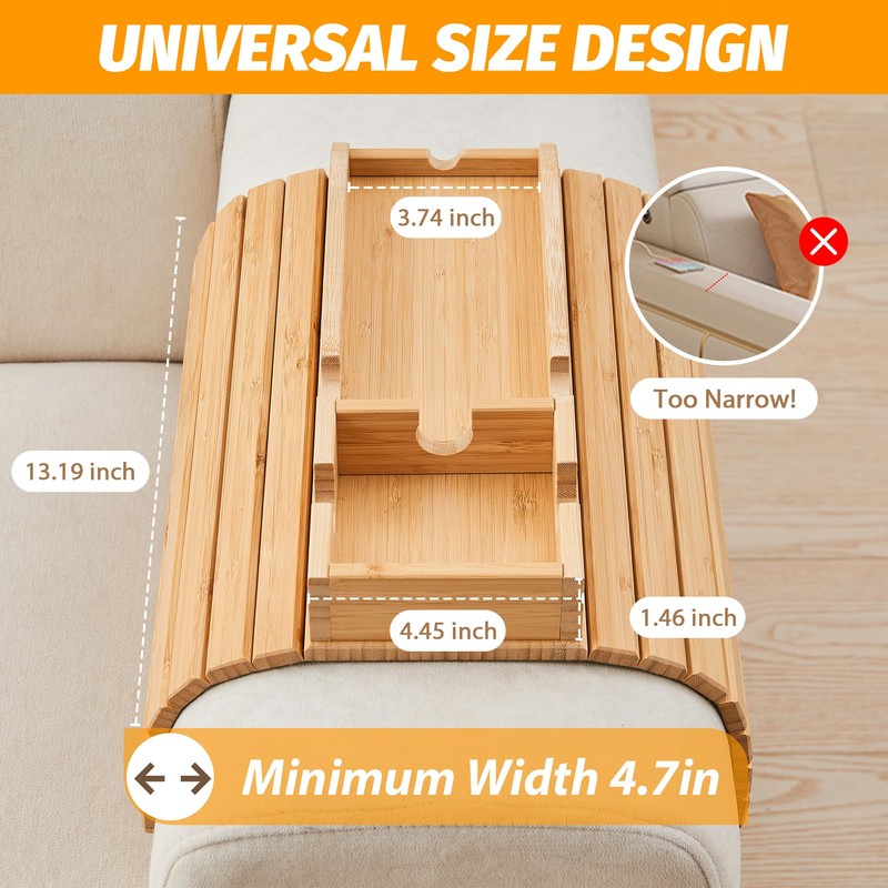 GEHE Bamboo Couch Cup Holder, Anti-Spill Sofa Arm Tray, Natural