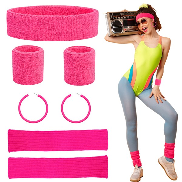 Beamely 80s Headband and Wristband Leg Warmers Party Set for Women and Girls, 1980s Neon Fancy Dress Costumes Accessories with Earrings Sport Kit for 80s Retro Them Party Supplies Gym Sport(Pink)