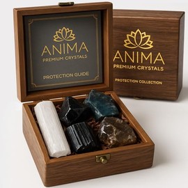 Anima Premium Protection Set - Large Raw Stones Obsidian, Black Tourmaline, Labradorite, Smoky Quartz & Selenite Rod for Protection & Grounding - Wooden Gift Box & Booklet Included
