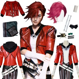 XINVOQFG Arcane Vi Cosplay Costume Red Uniform Outfit Unisex Costume Suit (Red+WIG, S)
