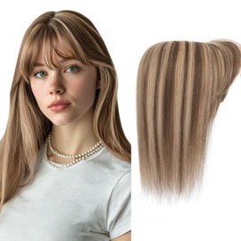 Charites Hair Toppers for Women Real Human Hair 16 Inch Long Straight Toppers for Women with Thinning 7 * 13CM Silk Base Clip in Hairpieces with Bangs (Mocha Brown & Dark Blonde)