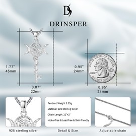 DRINSPER Hecate Key Necklace Triple Moon Goddess Pentagram Wheel Key Pendant 925 Sterling Silver Hekate Wiccan Pagan Magic Witchcraft Tetragrammaton Amulet Jewelry Gifts for Women Men