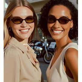 NULOOQ Retro Oval Sunglasses for Women 90s Trendy Vintage Small Round Sunnies Shades (Black Frame/Yellow Lens)