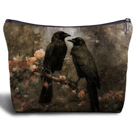 Zomhix Black Raven Goth Makeup Bag - Goth Gifts, Raven Crow Lovers Gifts, Vintage Raven Flower Cosmetic Bag, Raven Couple Zippered Bag for Travel Bag Purse