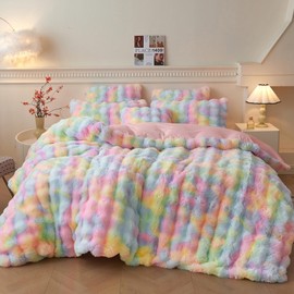 LIFEREVO Fluffy Faux Rabbit Fur Duvet Cover Set, Cute Plush Shaggy Bubble Bedding Set for Adult Girls Kids Teens, 1 Fuzzy Tie Dye Comforter Cover + 2 Furry Pillow Shams, Zipper Closure, Rainbow, King