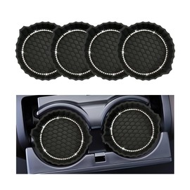 TNAIYH 4PCS Bling Car Cup Holder Coasters, Crystal Rhinestone Silicone Vehicle Water Embedded Pad, Anti Slip Diamond Automotive Interior Drink Insert Mat Accessories, Universal Fit (Black)