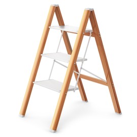 HBTower Step Ladder 3 Step Stool Aluminum Lightweight Folding Step Stool with Wide Anti-Slip Pedal 330 Lbs Capacity for Home Kitchen Portable Woodgrain