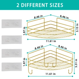 Corner Shower Shelves with 4 Hooks, 2-Tier Stainless Steel Bathroom Shower Organizers, Wall Mounted Caddy Shelves No Drilling with Adhesive, Triangle Storage Shelf for Toilet, Dorm and Kitchen, Gold