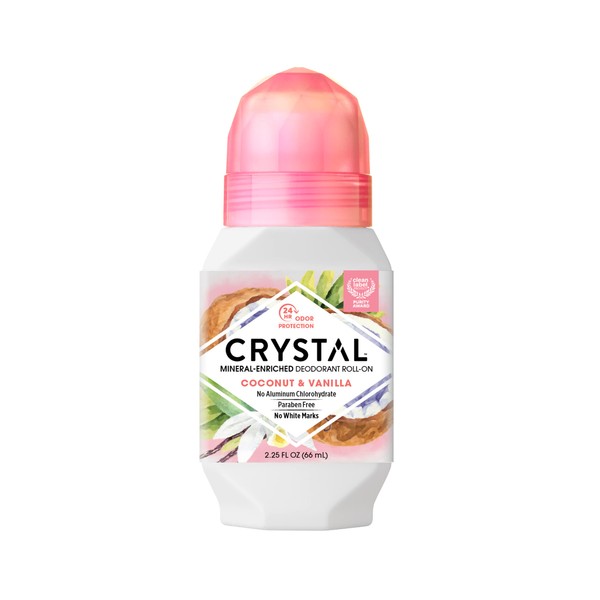 CRYSTAL Mineral Deodorant Coconut Vanilla Roll-On With 24-Hour Odour Protection, Paraben Free, 2.25 FL OZ (Packaging May Vary) (2.25 Fl Oz/66ml)